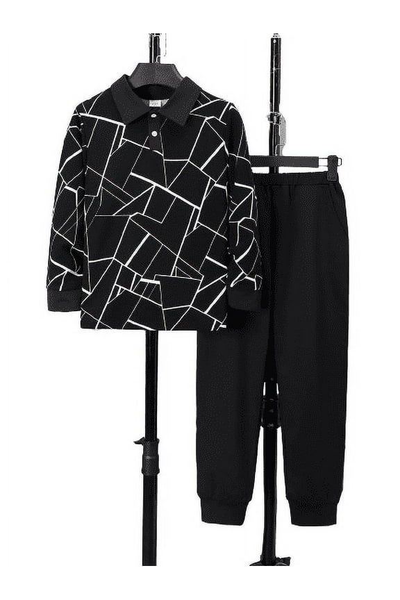 Big Boys Kids Boys Clothes Geographical Printing Spring Fall Polo Shirt Elastic Pants 2Pcs Outfits Set Black 7-8 Years