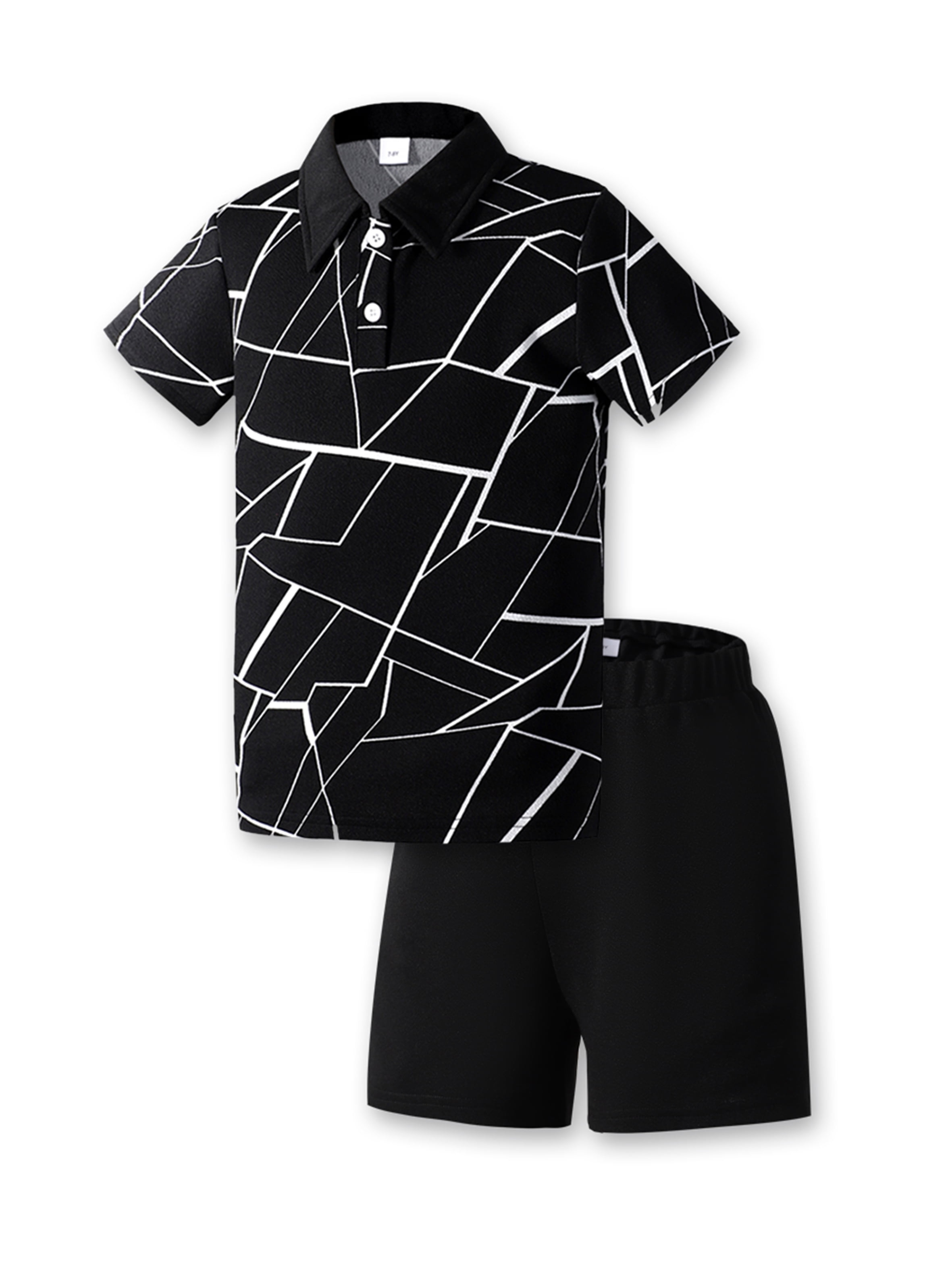 Big Boys Kids Boys Clothes Geographical Printing Summer Turn-down Collar Shirt Elastic Shorts 2Pcs Outfits Set Black 11-12 Years