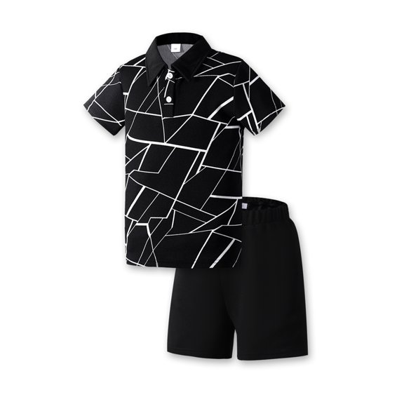 Mikrdoo Big Boys Kids Boys Clothes Geographical Printing Summer Turn-down Collar Shirt Elastic Shorts 2Pcs Outfits Set Black 11-12 Years