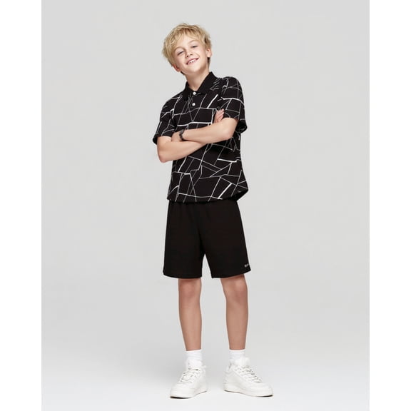 Mikrdoo Big Boys Kids Boys Clothes Geographical Printing Summer Turn-down Collar Shirt Elastic Shorts 2Pcs Outfits Set Black 11-12 Years