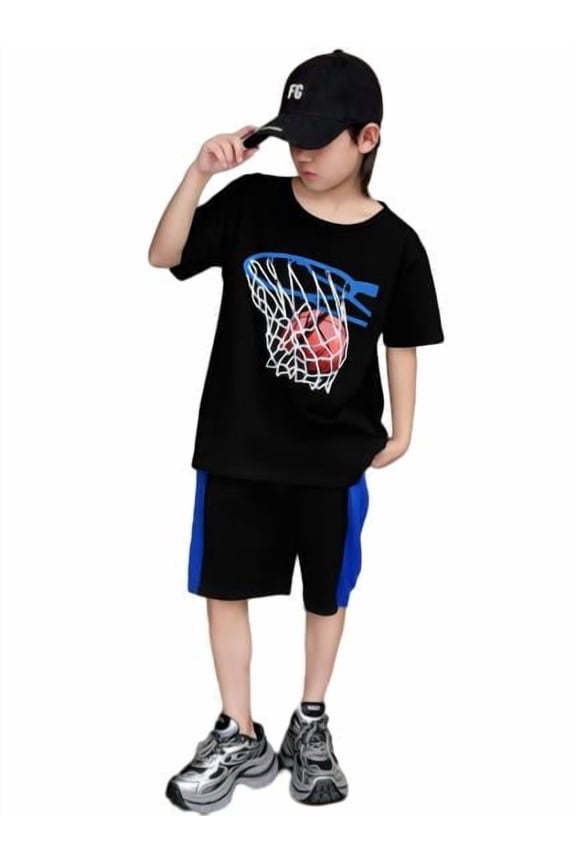 Big Boys Kids Boys Clothes Shorts Sets Basketball Pattern T-shirts Elastic Sport Style Shorts 2Pcs Outfits For Summer Black 14-15 Years