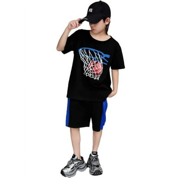 Mikrdoo Big Boys Kids Boys Clothes Shorts Sets Basketball Pattern T-shirts Elastic Sport Style Shorts 2Pcs Outfits For Summer Black 9-10 Years