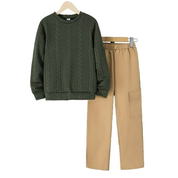 Mikrdoo Big Boys Outfits 8Y,9Y,10Y,11Y,12Y Boys Stylish Jacquard Crew Neck Sweatshirt And Elastic Straight-Leg Cargo Pants 2Pcs Clothes Set Dark Green
