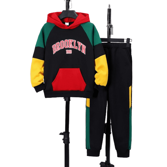 Mikrdoo Big Boys Outfits BROOKLYN Letter Pattern Colorblock Fall Winter Hoodies Sweatshirt with Pocket Elastic Pants 2Pcs Clothes Set For 7-15Y Kids