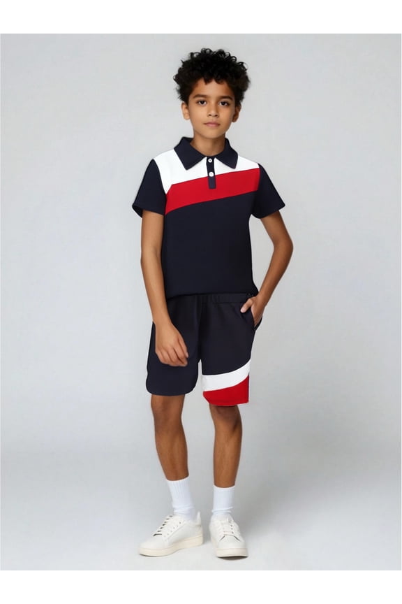 Big Boys Short Set Color Contrast Button Style with Label Short Sleeves Shirts Jogger Shorts 2Pcs Clothes Outfit Set 11-12 Years