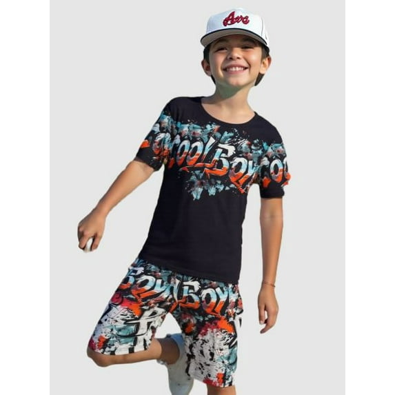 Mikrdoo Big Boys Summer Clothes Color Graffiti Print Casual Fashion Matching T-shirt & Elastic Full Print Shorts 2Pcs Outfits Sizes 7-15