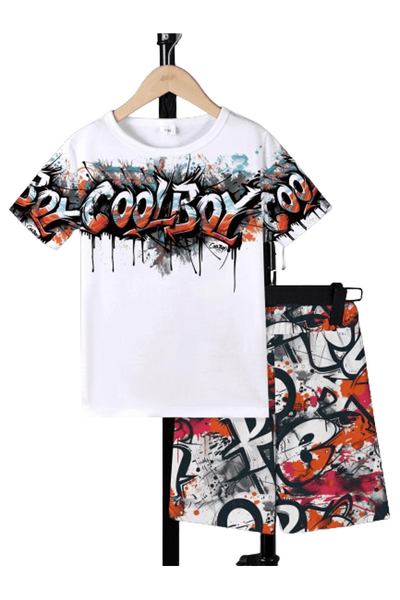 Big Boys Summer Clothes Color Graffiti Print Casual Fashion Matching T-shirt & Elastic Full Print Shorts 2Pcs Outfits Sizes 7-15