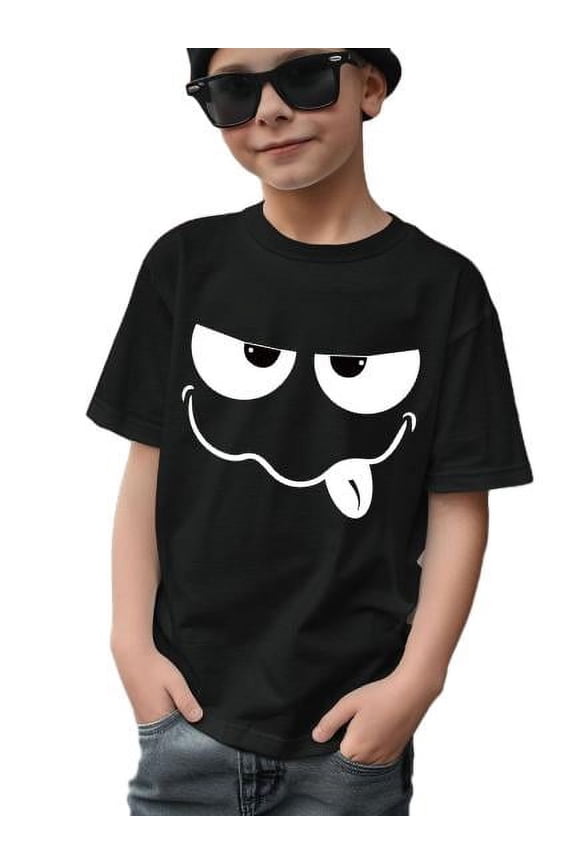 Big Boys Summer Clothes Cute Cartoon Funny Face Print Engaging Visuals, Casual Short Sleeve T-Shirts