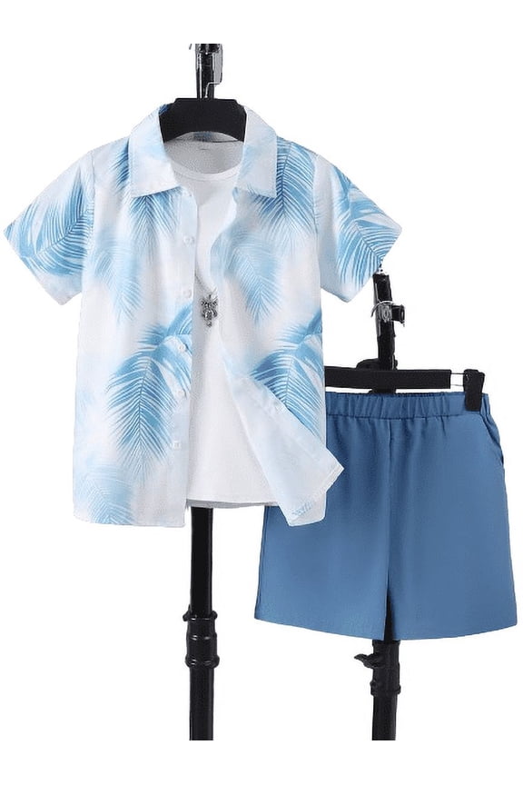 Big Boys Summer Clothes Preppy Style Leaves Print Button Down Shirt Elastic Shorts 2Pcs Casual Outfits For Outdoor Beach Activities 7-8 Years