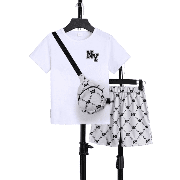 Mikrdoo Big Boys Summer Outfits Letter Print Casual Tee Fashion Full Print Shorts With A Satchel 3Pcs Clothes Set (7-15Y,White)