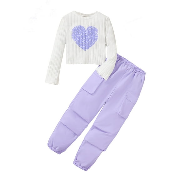 Mikrdoo Big Girl Spring Fall Outfits Pullover Heart Long Sleeve Ribbed Shirt Cargo Pants Clothes