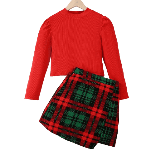 Mikrdoo Big Girls Christmas Outfits Long Sleeve Rib Knit Top with Asymmetrical Hem Plaid Skirt,Perfect Spring/Fall Outdoor Wear