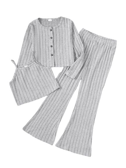 Big Girls Clothes 8Y,9Y,10Y,11-12Y,13-14Y Girls Rib Knitted Vest & Flared Trousers & Cardigan Coat 3Pcs Outfits Set 10 Years Gray