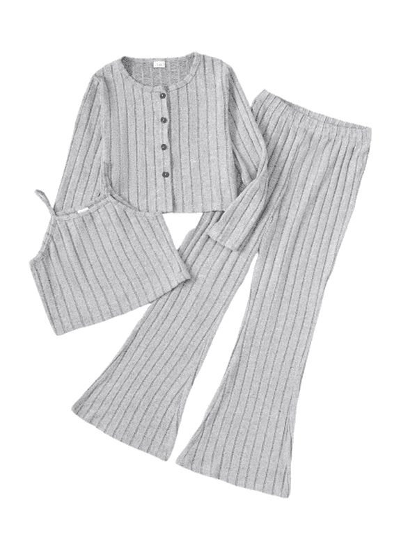 Big Girls Clothes 8Y,9Y,10Y,11-12Y,13-14Y Girls Rib Knitted Vest & Flared Trousers & Cardigan Coat 3Pcs Outfits Set 10 Years Gray