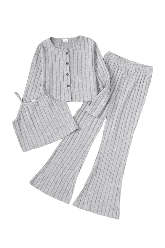 Big Girls Clothes 8Y,9Y,10Y,11-12Y,13-14Y Girls Rib Knitted Vest & Flared Trousers & Cardigan Coat 3Pcs Outfits Set 10 Years Gray