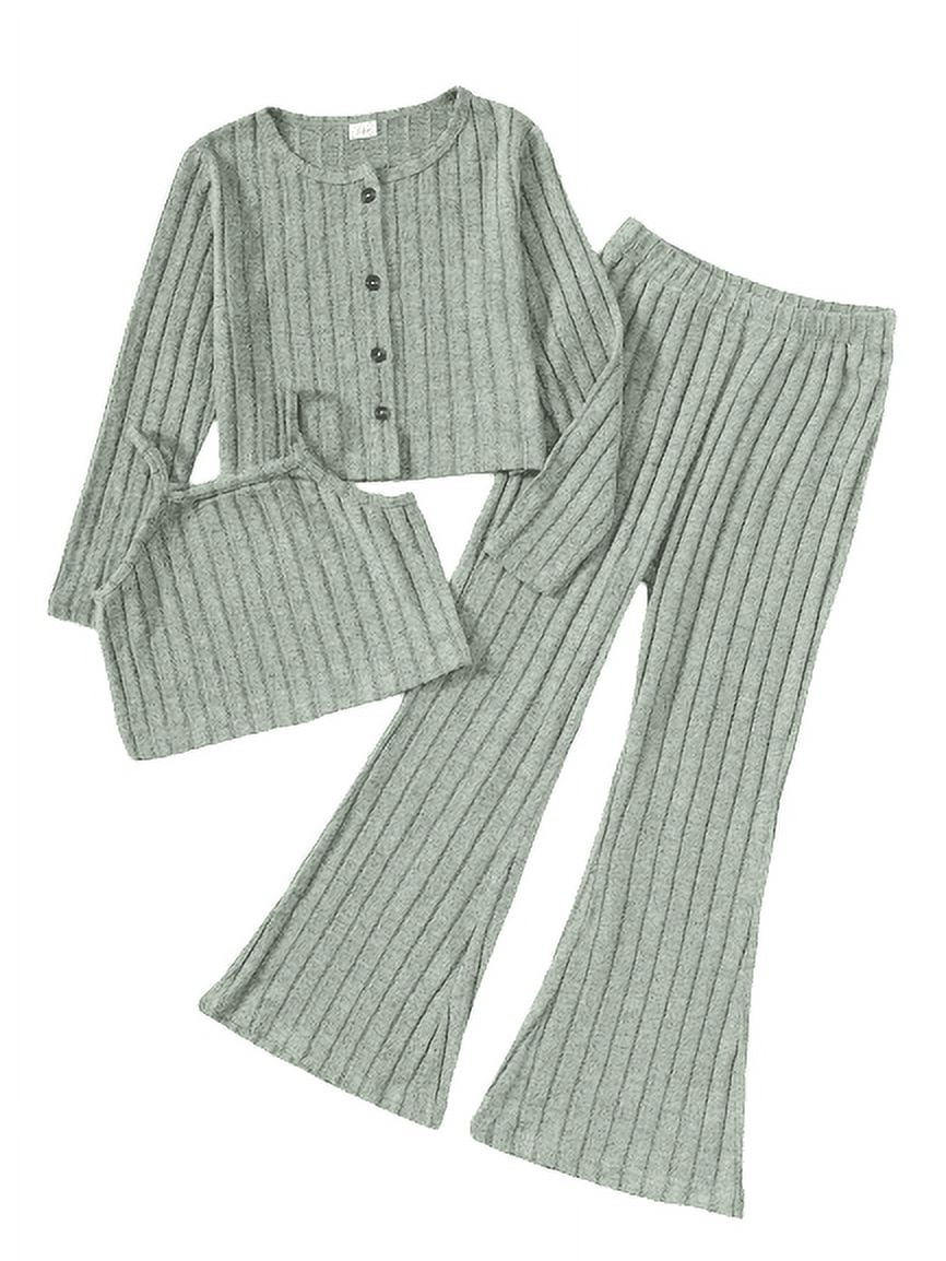 Mikrdoo Big Girls Clothes 8Y,9Y,10Y,11-12Y,13-14Y Girls Rib Knitted Vest & Flared Trousers & Cardigan Coat 3Pcs Outfits Set 11-12 Years Light Green