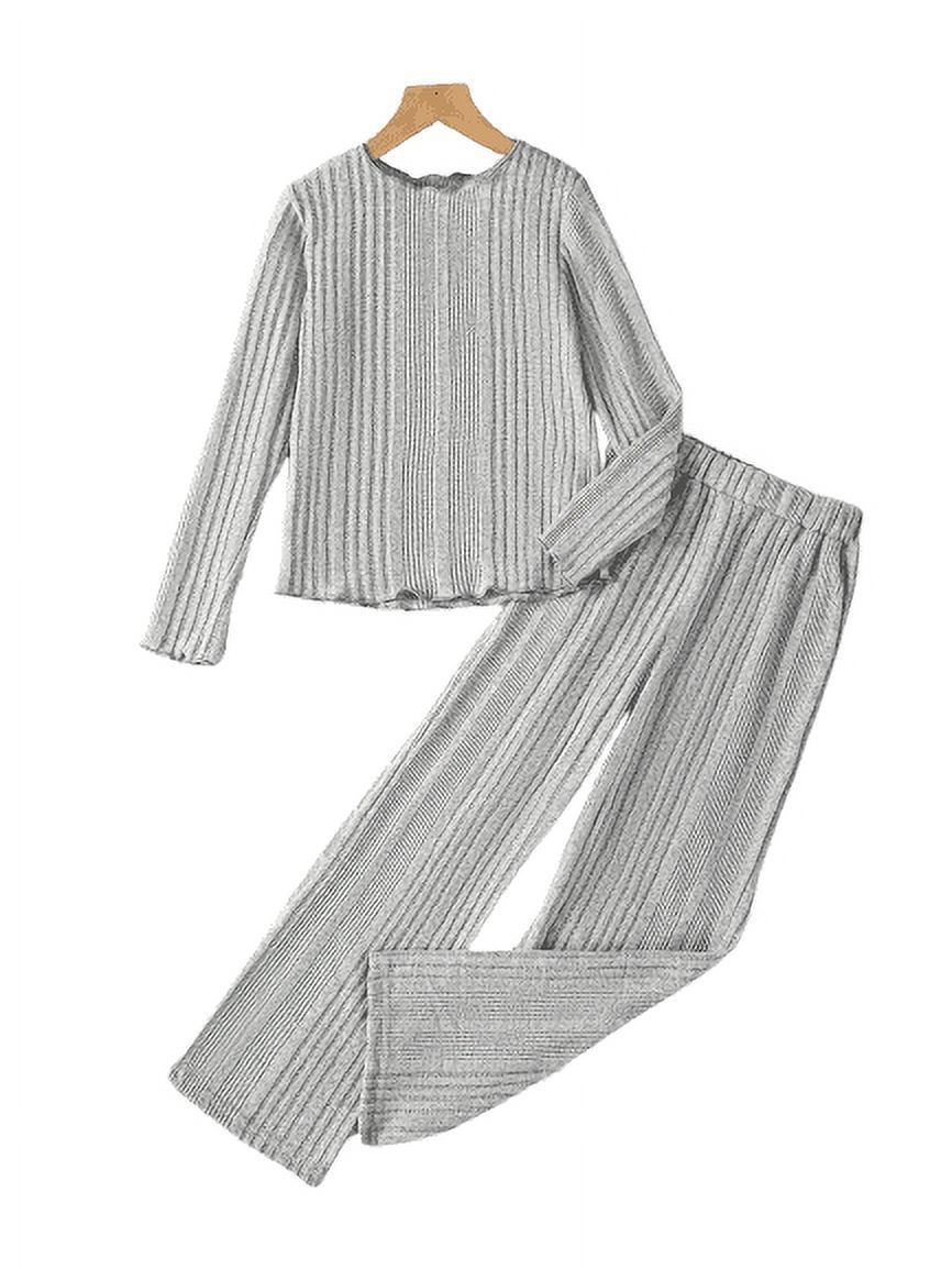 Big Girls Clothes 8Y,9Y,10Y,11Y,12Y Girls Rib Knitted Long Sleeve Tops & Straight Leg Pants 2Pcs Outfits Set 10 Years Gray
