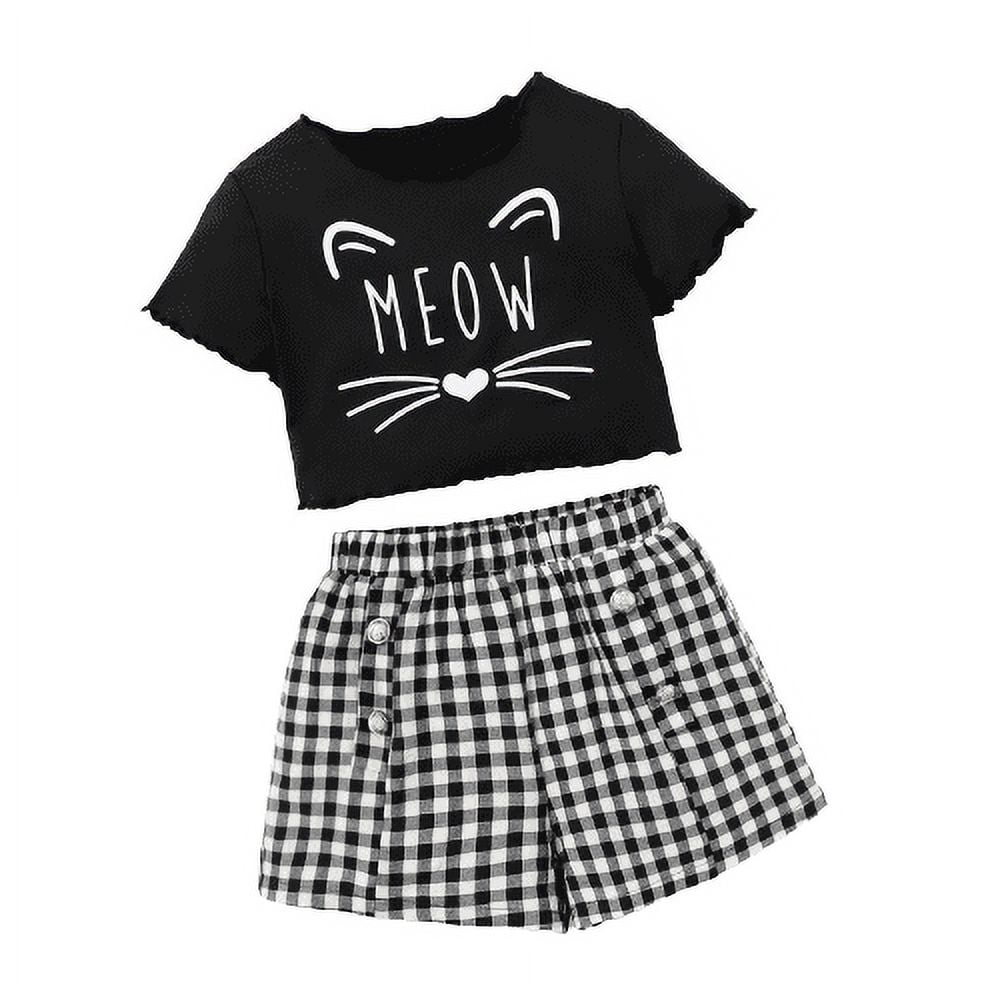 Big Girls Clothes Cute Cat Print 9 Years Kid Girls Casual Summer T-shirt Elastic Plaid Print Shorts 2Pcs Leisure Outfit Black