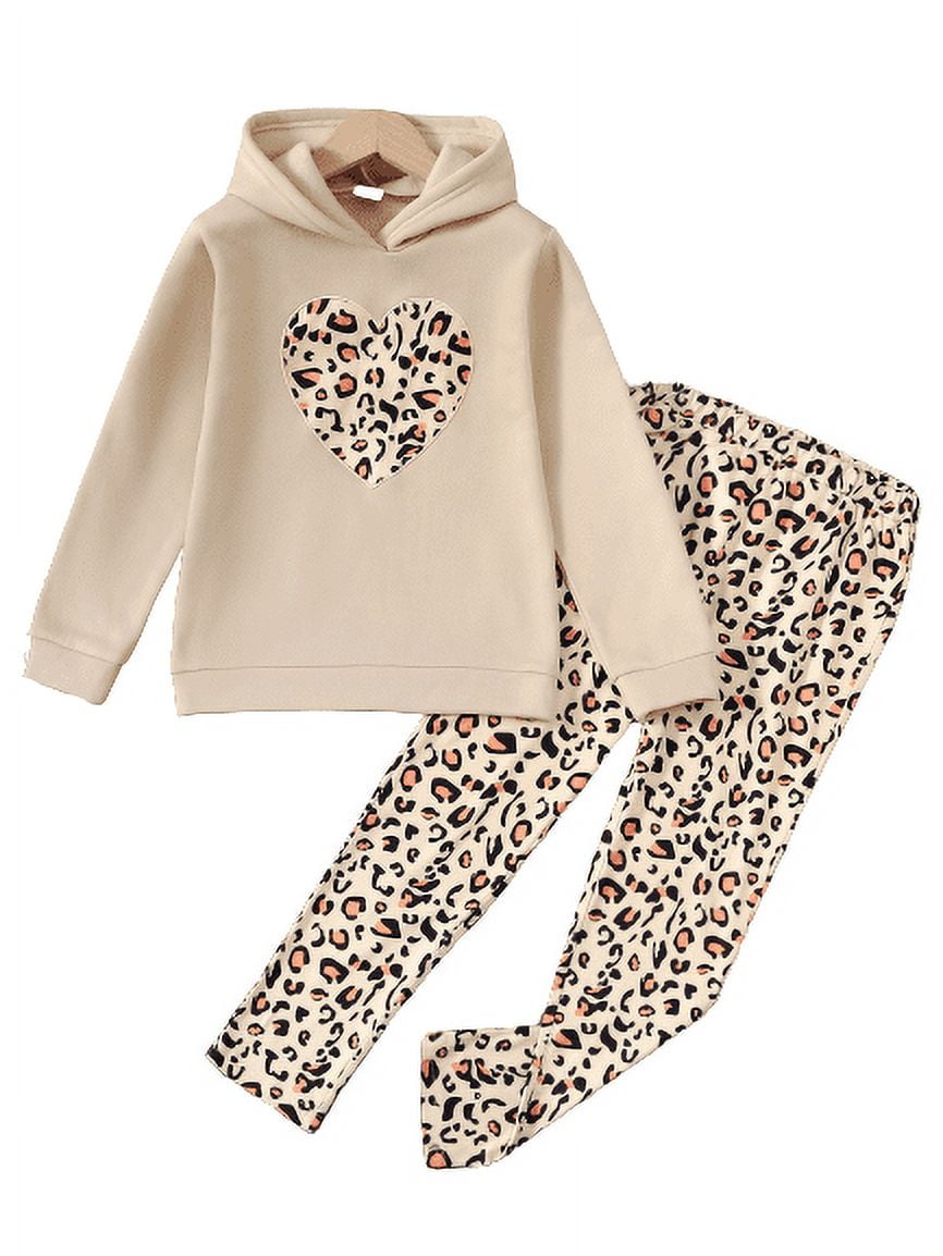 Big Girls Fall Winter Outfits 10 Years Kid Girls Pants Sets Heart Print Leopard Pattern Long Sleeve Hoodies Tops Casual Elastic Leopard Trousers 2Pcs Clothing 8-14Y Apricot