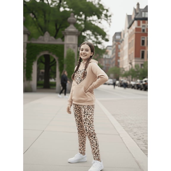 Mikrdoo Big Girls Fall Winter Outfits 8 Years Kid Girls Pants Sets Heart Print Leopard Pattern Long Sleeve Hoodies Tops Casual Elastic Leopard Trousers 2Pcs Clothing 8-14Y Apricot