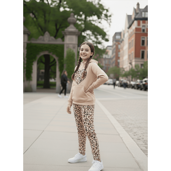 Mikrdoo Big Girls Fall Winter Outfits 9 Years Kid Girls Pants Sets Heart Print Leopard Pattern Long Sleeve Hoodies Tops Casual Elastic Leopard Trousers 2Pcs Clothing 8-14Y Apricot