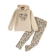 MIKRDOO Big Girls Fall Winter Outfits 9 Years Kid Girls Pants Sets Heart Print Leopard Pattern Long Sleeve Hoodies Tops Casual Elastic Leopard Trousers 2Pcs Clothing 8-14Y Apricot