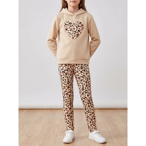 Mikrdoo Big Girls Outfits Fall Winter Pants Sets Heart Print Leopard Pattern Long Sleeve Hoodies Tops Casual Leopard Trousers 2Pcs Clothing 8-14Y Apricot