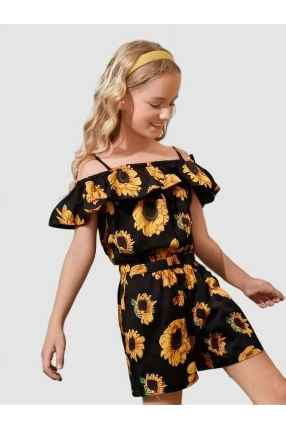 Big Girls Sunflower Print Straps Lotus Leaf Collar Tops Elastic Shorts 2-Piece Outfit Set, 7-8 Years