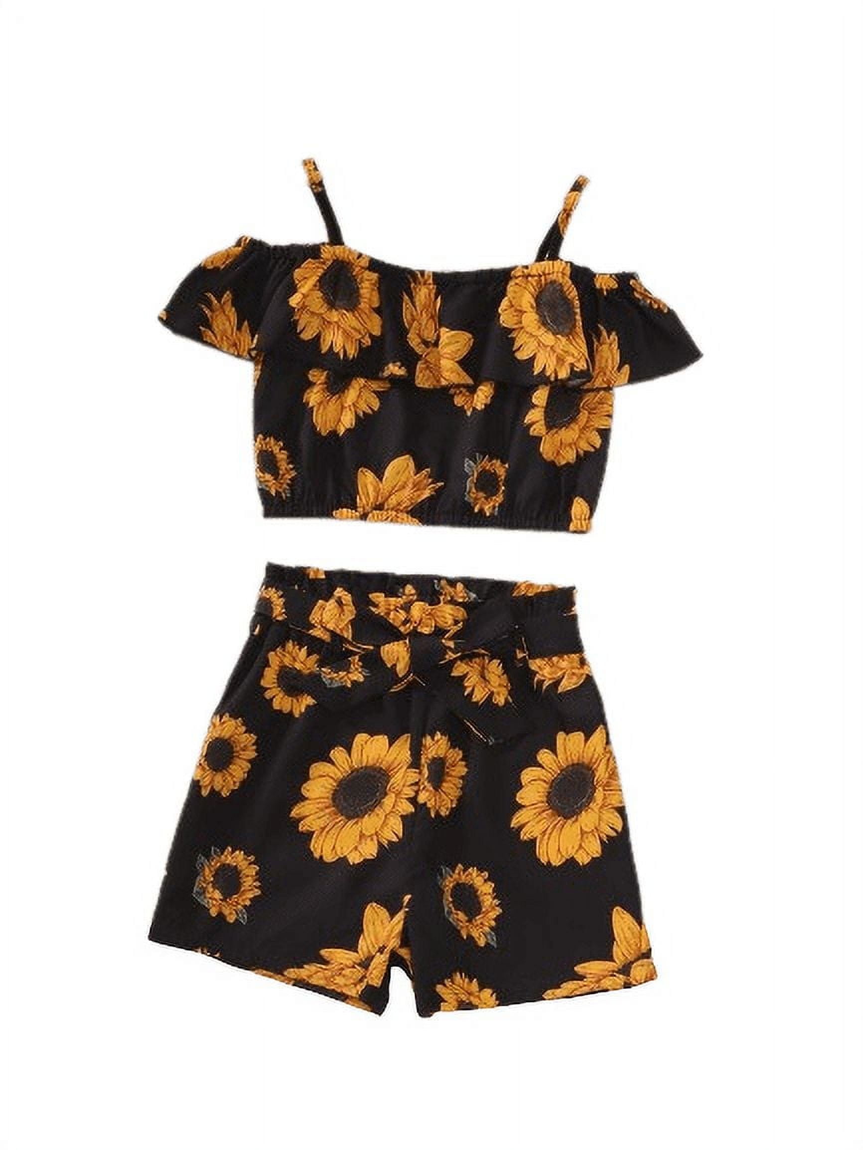 Mikrdoo Big Girls Kids Girls Summer Outfits Sunflower Print Straps Lotus Leaf Collar Tops Elastic Shorts 2Pcs Clothes Set Black 9-10 Years