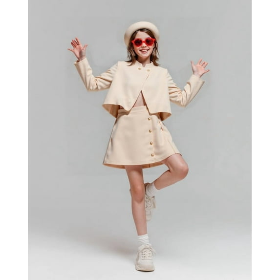 Mikrdoo Big Girls New Years Outfit Mandarin Collar Coat Buttons Skirts Beret Princess Skirt Set for Photo Shoot 11-12 Years,Apricot