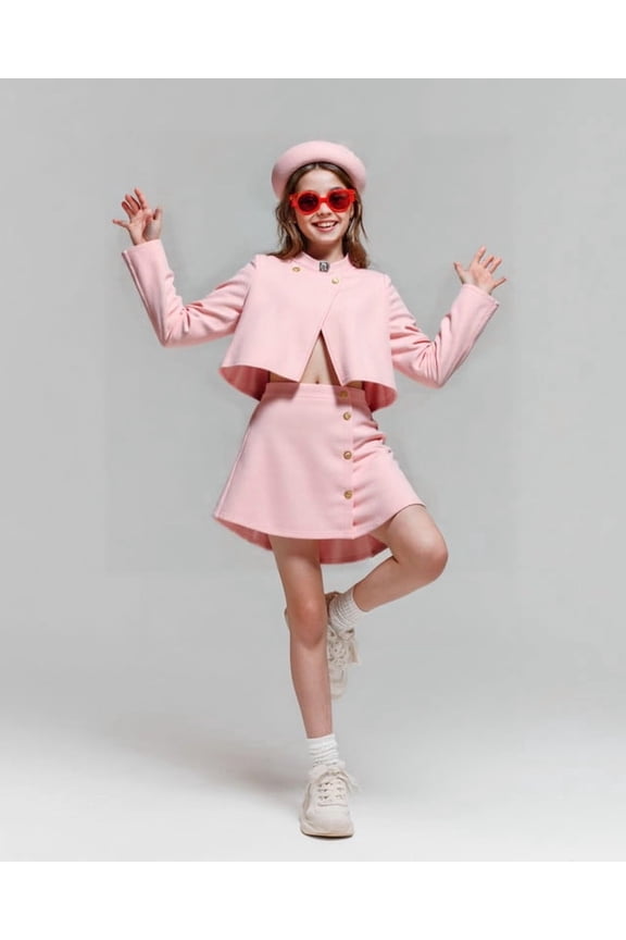 Big Girls New Years Outfit Mandarin Collar Coat Buttons Skirts Beret Princess Skirt Set for Photo Shoot 13-14 Years,Pink
