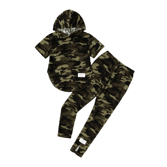 Mikrdoo Big Girls Outfits Camouflage Short Sleeve Curved Hem Hooded Top + Slit Pants Set 2Pcs Casual Summer Clothing,As Gift 7-14