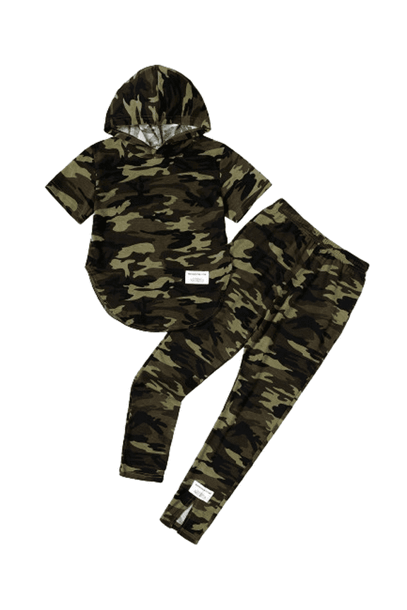 Big Girls Outfits Camouflage Short Sleeve Curved Hem Hooded Top + Slit Pants Set 2Pcs Casual Summer Clothing,As Gift 7-14