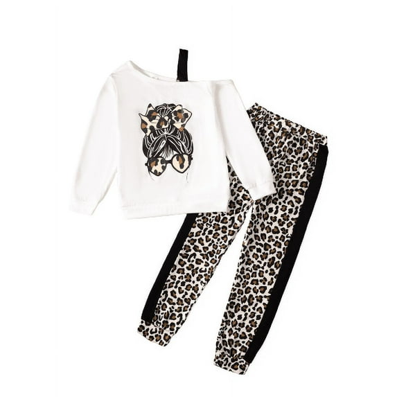Mikrdoo Big Girls Pants Sets Anime Girl Print One Shoulder Straps Pullover Fall Winter Tops Elastic Leopard Pattern Side Splicing Trousers 2Pcs Clothing From 8-14T White
