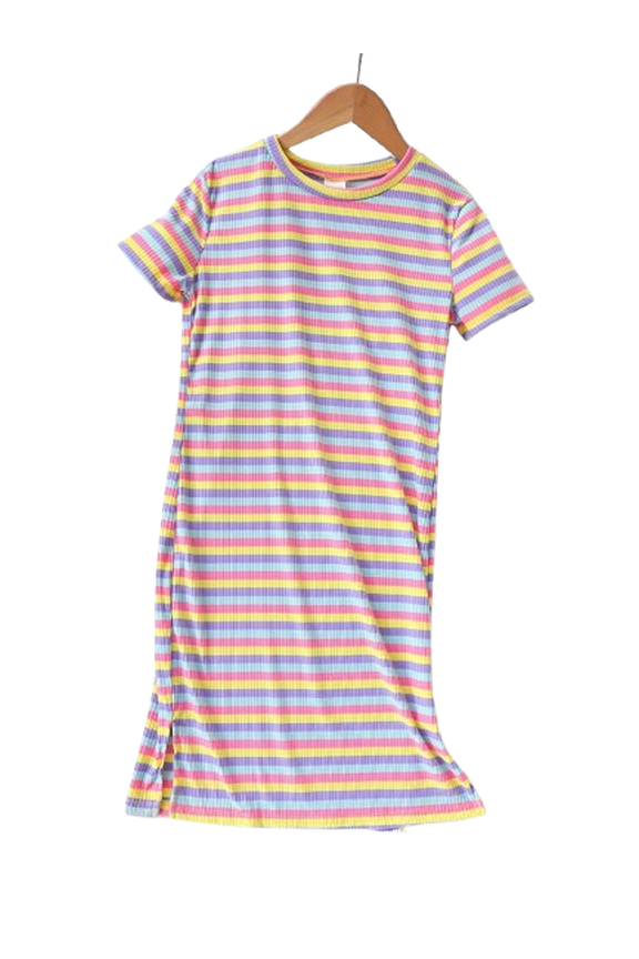 Big Girls Summer Bodycon Short Sleeve Dress Stripes Elegant Casual Basic Fitted Midi Dresses, 11-12 Years