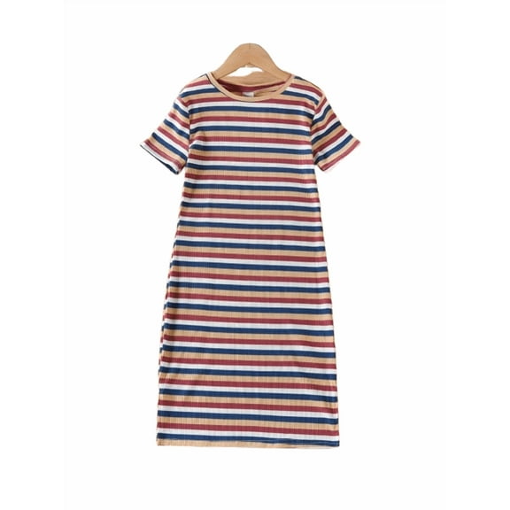 Mikrdoo Big Girls Summer Bodycon Short Sleeve Dress Stripes Elegant Casual Basic Fitted Midi Dresses, 8 Years
