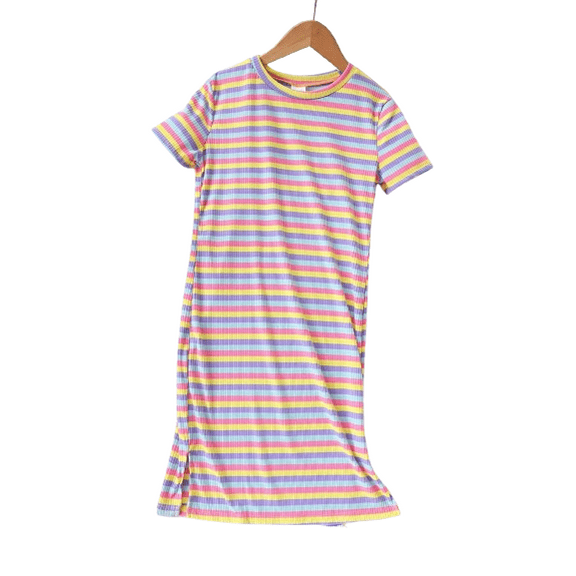 Mikrdoo Big Girls Summer Bodycon Short Sleeve Dress Stripes Elegant Casual Basic Fitted Midi Dresses, 9 Years