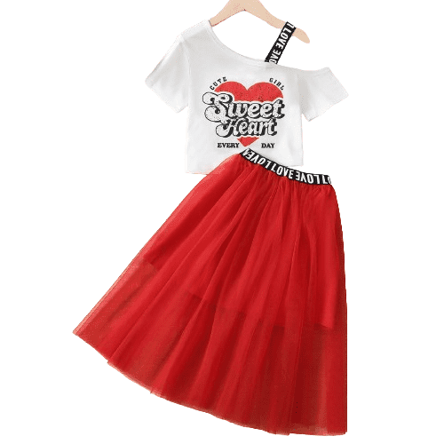 Mikrdoo Big Girls Summer Outfits Heart Pattern Letter Graphics One Shoulder T-shirt Gauze Skirts Set 2Pcs Clothing,As Gift Sizes 8-12