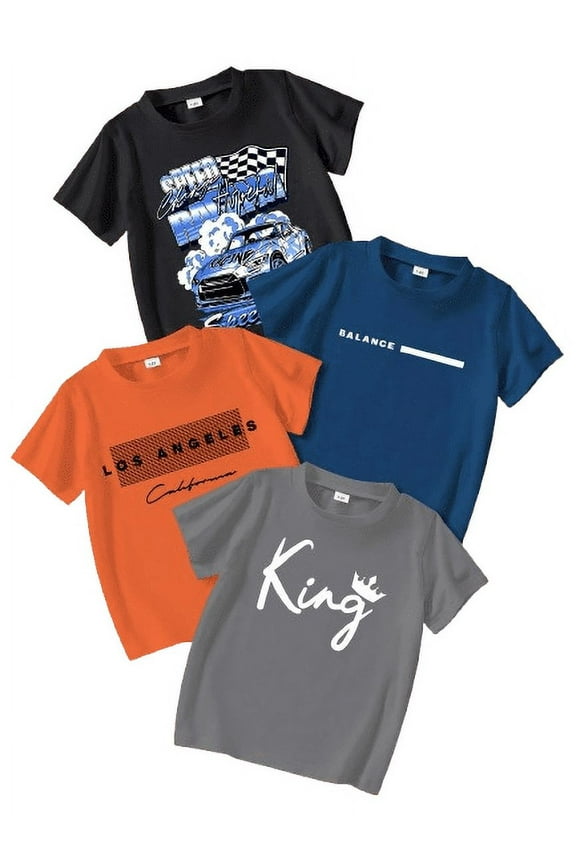 Boys' Active T-Shirt - 4 Pack Comfy Graphics Print Casual Tee with Short Sleeve (7-15)