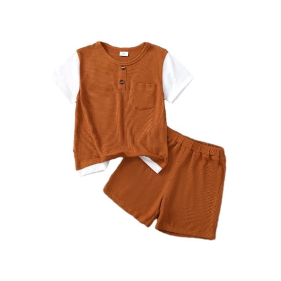 Mikrdoo Boys Bamboo Fiber Fake Two Pieces Short Sleeve Pocket T-shirt Elastic Shorts Set 2Pcs Casual Summer Clothing From 4-7Y Brown