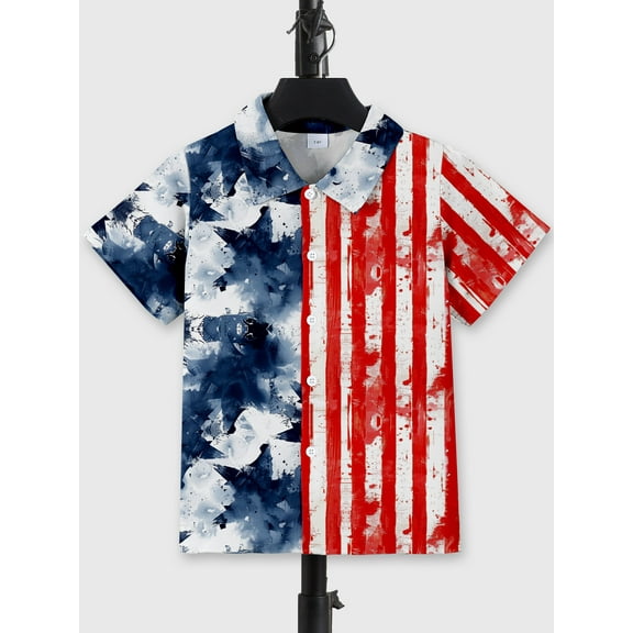 Mikrdoo Boys' Splash Ink American Flag Print Short-Sleeve Shirt - Perfect for Independence Day & Outdoor Activities, Sizes 7-15Y