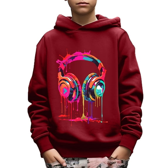 Mikrdoo Colorful Melting Headphone Print Cute&Cozy Hoodie For Kids Boys -Keep Him Warm And Stylish! Size:5-14