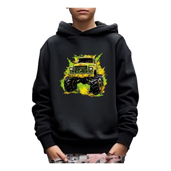 Mikrdoo Colorful Paint & Truck Print Casual Hoodie For Kid Boys, Stylish Pullover Long Sleeve Top,Boys Spring Autumn Sweatshirt As Gift