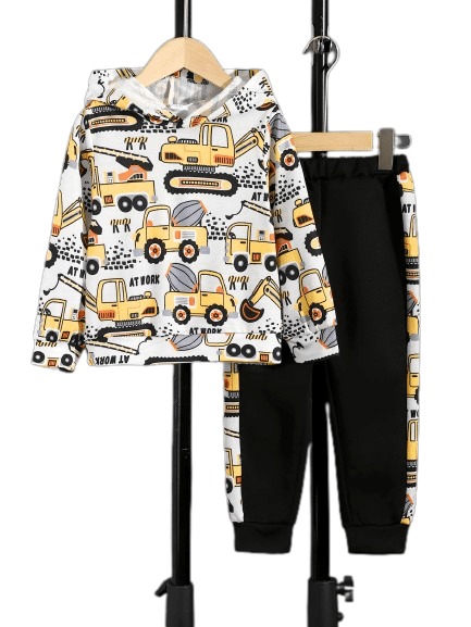 Fall Winter Outfits For 2T Boys Excavators Full Print Pullover Hoodies Tops Side Splicing Trousers 2Pcs Clothes Sets 2-3 Years Black