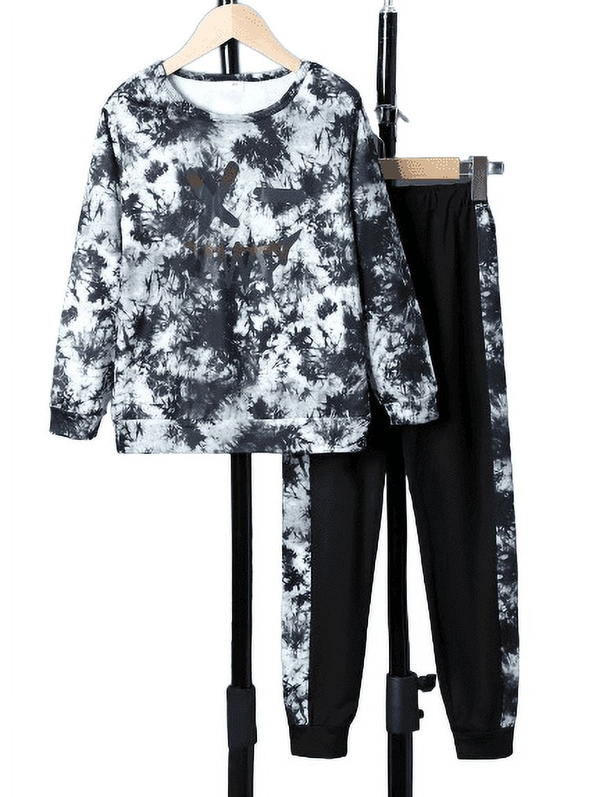 Mikrdoo Fall Winter Outfits For 9 Years Kid Boys Joker Print Tie-dye Tops Side Splicing Trousers 2Pcs Clothes Sets Black