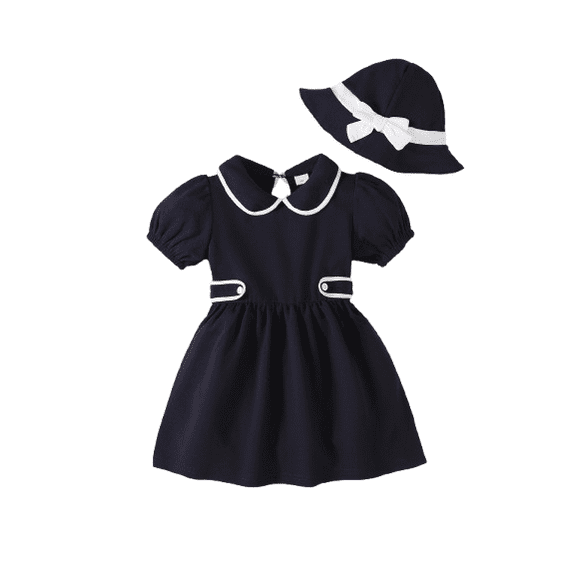 Mikrdoo Girls' Preppy Style Dress Set Textured Bubble-Sleeve Collared Dress with Detachable Waistband   Hat 2T 3T 4T 5T 6T 7T Summer Chic Clothes