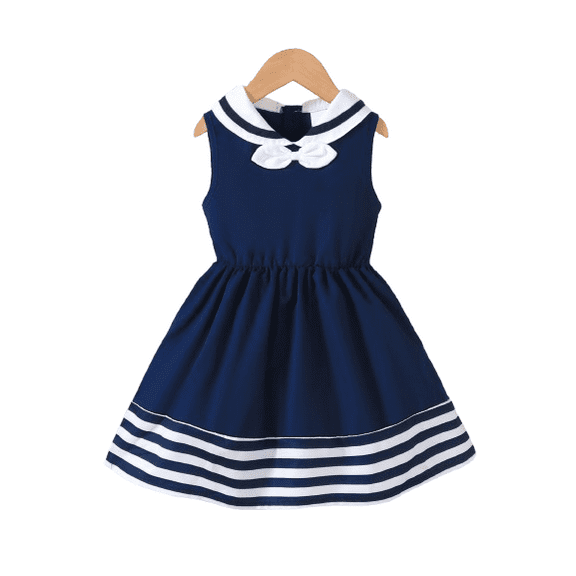 Mikrdoo Girls Preppy Style Dresses Stripes Sleeveless Front Bow Flat Collar Dress For Summer Outdoor 6T Navy Blue