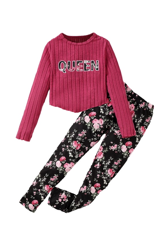 Girls Ribbed Active Letter Asymmetrical Tops and Floral Leggings Set, 2 Piece, Sizes 8-12