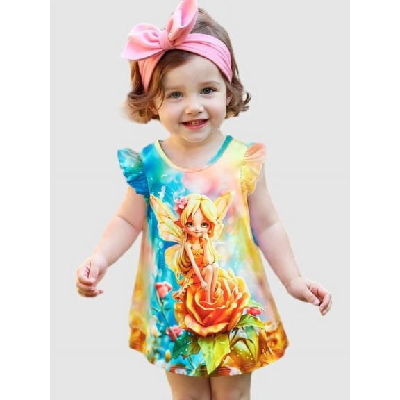 Mikrdoo Girls' Summer Dress Cartoon Elf Multi-color Floral Sleeveless Round Neck Cute Dress For 4-7Y