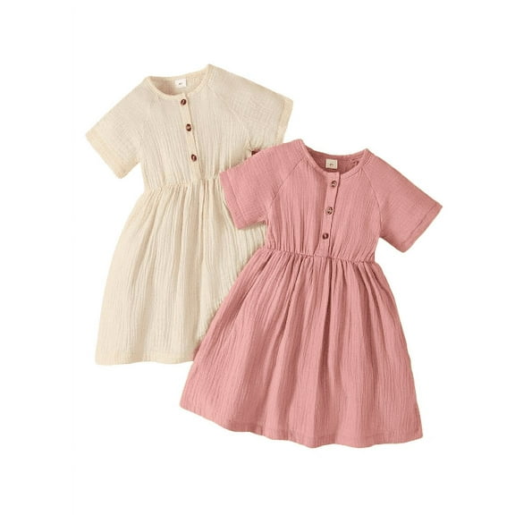 Mikrdoo Girls Summer Solid Color Casual Dress with Short Sleeves,2-Pack, Sizes 4-7